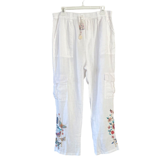 JOHNNY WAS Mariposa Size Large White Embroidered Linen Pull-On Comfort Pants NWT - Picture 3 of 11